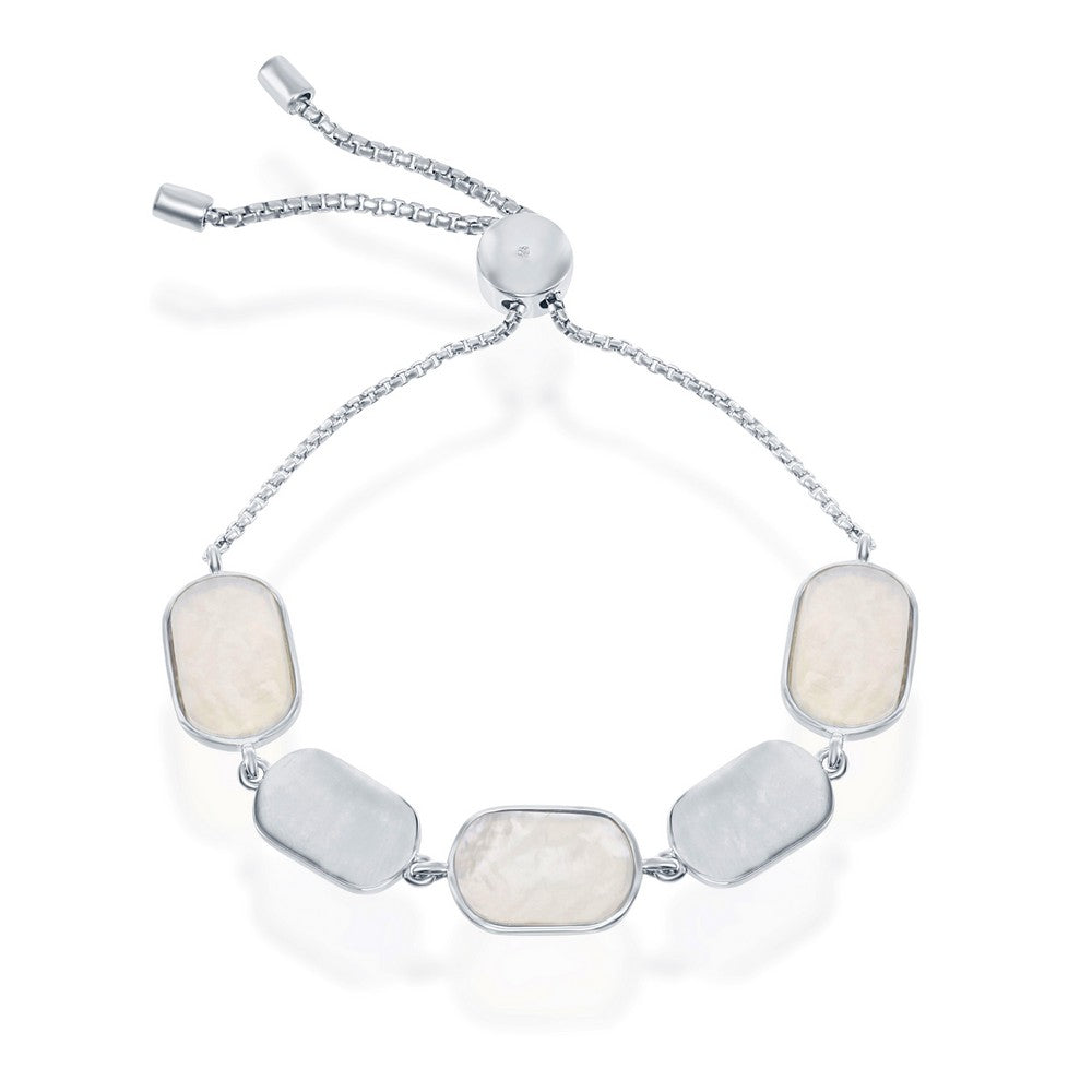 Sterling Silver Alternating Polished and Mother of Pearl Adjustable Bolo Bracelet
