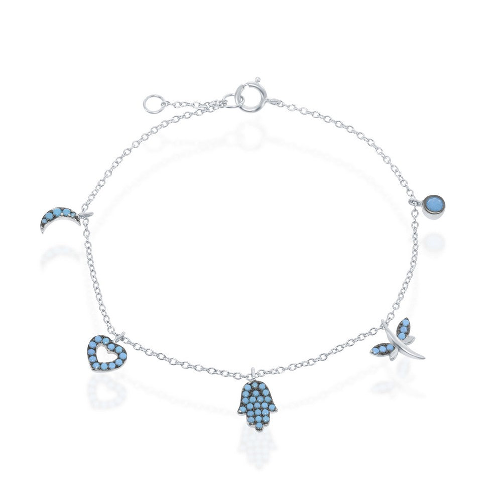Sterling Silver Turqoise Crescent, Heart, Hamsa, Dragonfly, and Circle Charm Bracele