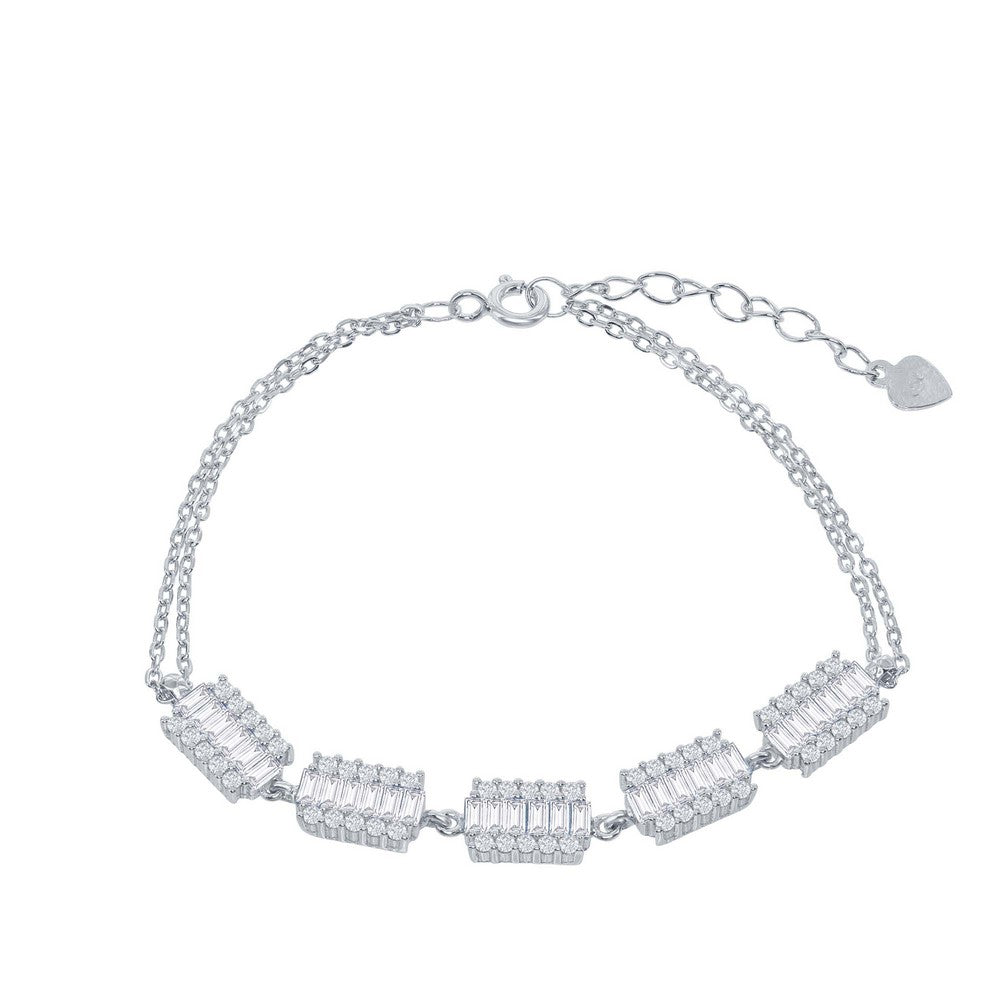 Sterling Silver 6+1 Inch Rectangle White CZ Bracelet