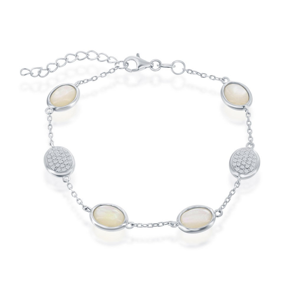 Sterling Silver Alternating Oval Micro Pave and Mother of Pearl Bracelet