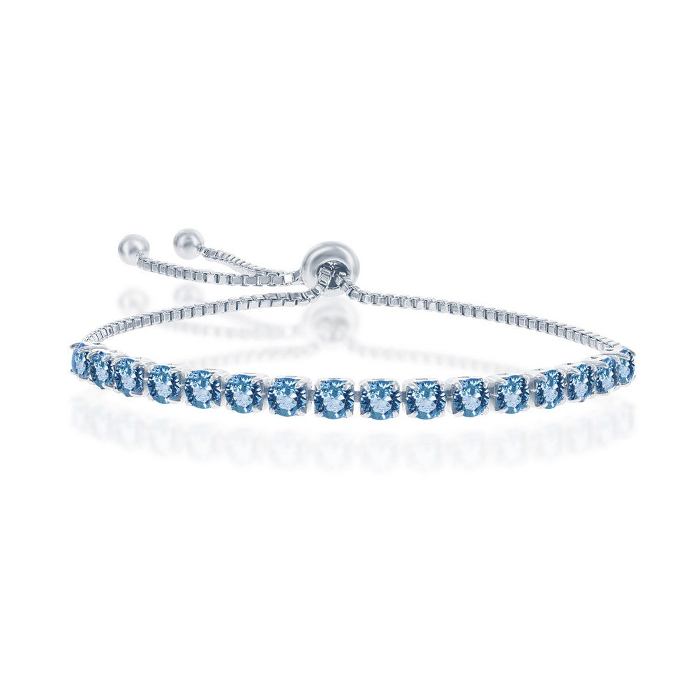 Sterling Silver 4MM Aquamarine March Swarovski Element Adjusatble Bolo Bracelet