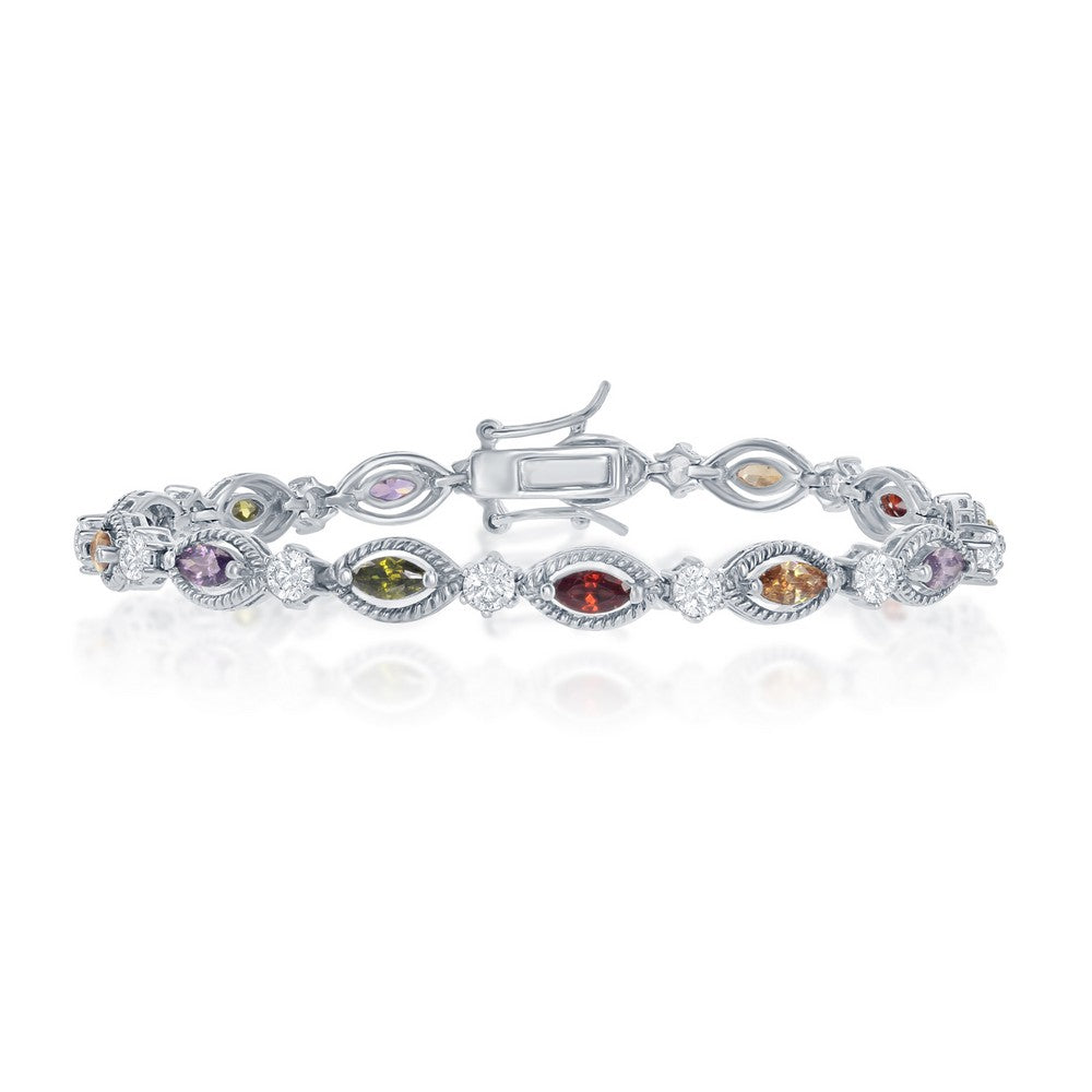 Sterling Silver Multi-Color Marquise CZ with 6 Prong Clear CZ Bracelet