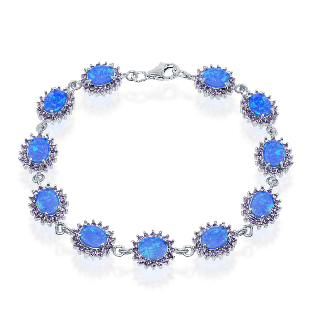 Sterling Silver Oval Blue Opal with Amethyst CZ Border Bracelet