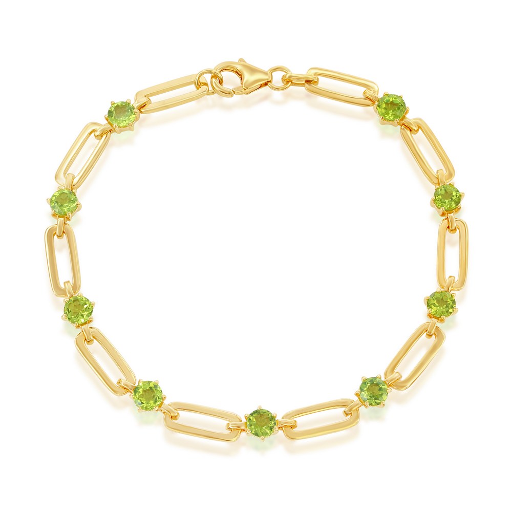 Sterling Silver 4.5mm Round 3.6cttw Gem, Gold Plated Paperclip Bracelet - Peridot