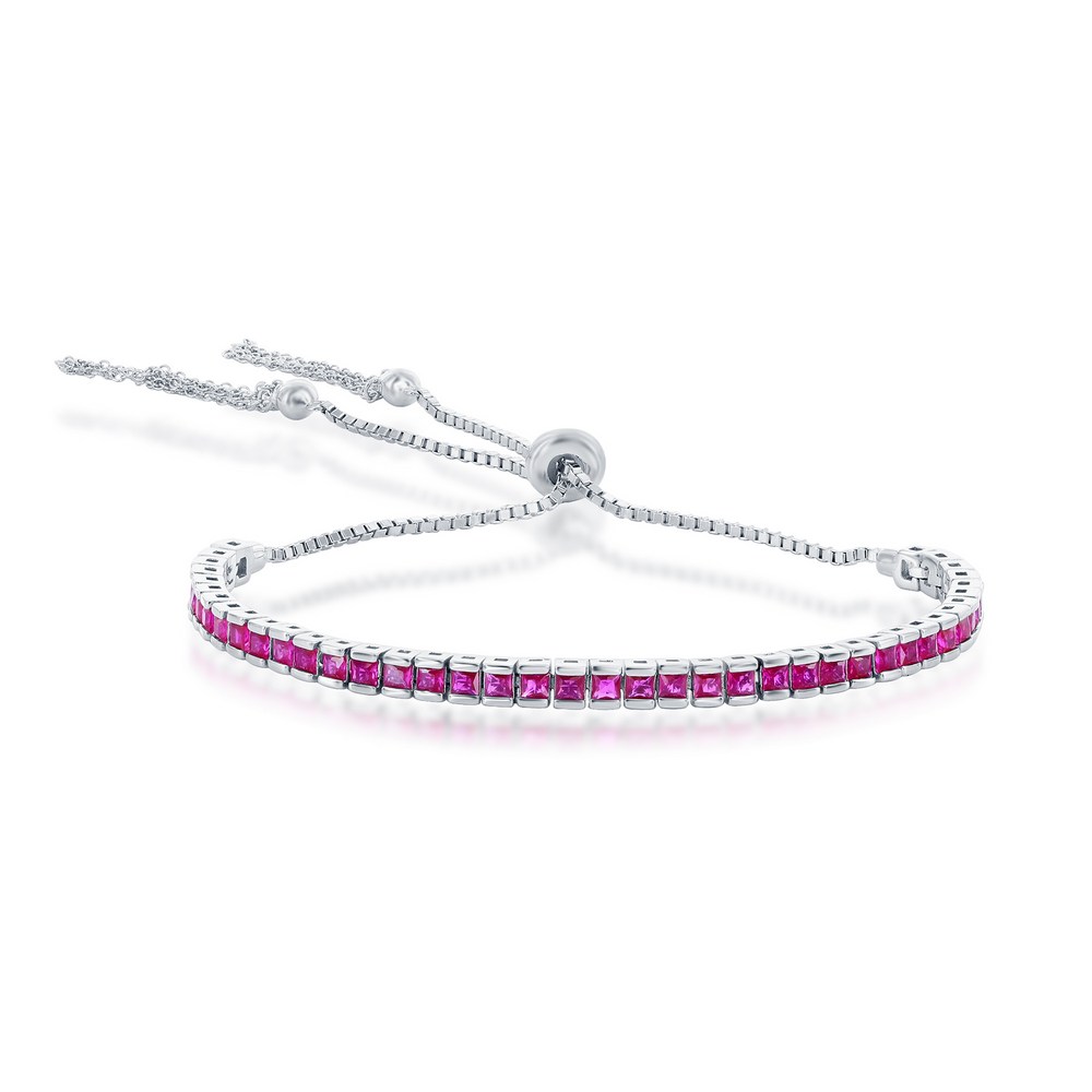 Sterling Silver Tennis Channel-Set CZ Adjustable Bolo Tassel Bracelet - Ruby CZ