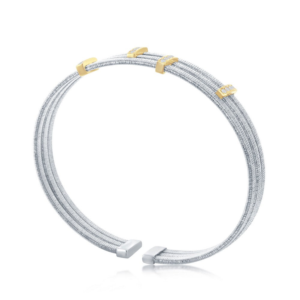 Sterling Silver CZ Bars Triple Wire Bangle, Bonded with 14K Gold Plating