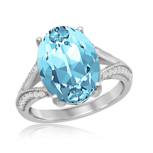 Sterling Silver 14x10mm Oval w/ CZ Open Shank - Aqua Swarovski Element Ring
