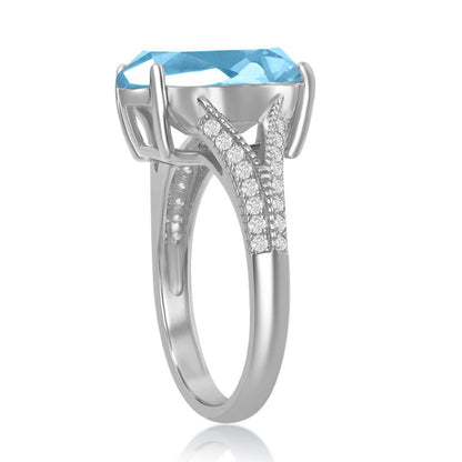 Sterling Silver 14x10mm Oval w/ CZ Open Shank - Aqua Swarovski Element Ring