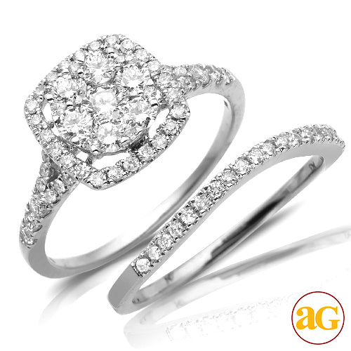 14KW 1.00CTW DIAMOND ROUND CLUSTER BRIDAL SET WITH