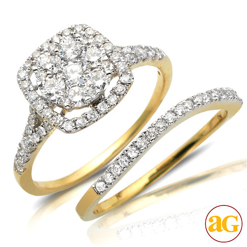 14KY 1.00CTW DIAMOND ROUND CLUSTER BRIDAL SET WITH
