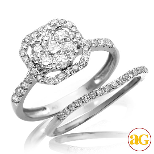 14KW 1.05CTW DIAMOND ROUND CLUSTER BRIDAL SET WITH