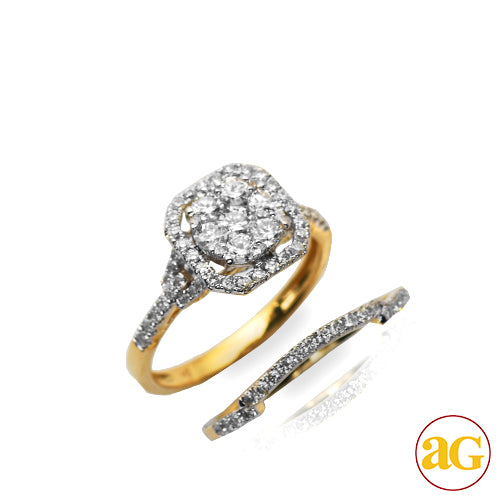 14KY 1.00CTW DIAMOND ROUND CLUSTER BRIDAL SET WITH