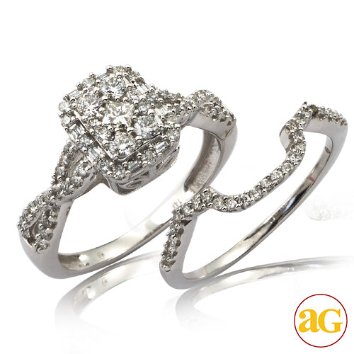 14KW 0.75CTW DIAMOND RECTANGLE CLUSTER BRIDAL SET