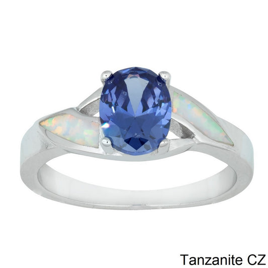 Sterling Silver White Inlay Opal w/Blue Oval CZ Ring