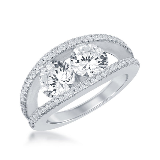 Sterling Silver, Double Band with Center Two-Stone, CZ Ring