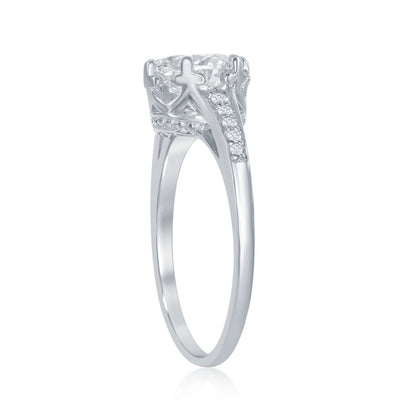 Sterling Silver Round CZ with Half CZ Border Ring