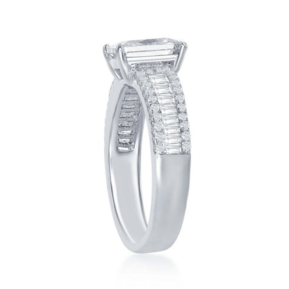 Sterling Silver Emerald Cut CZ Center w/ Half Baguette CZ Band Engagement Ring