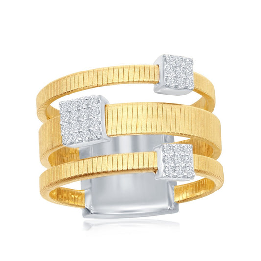 Sterling Silver Designer Ring, Set with CZ, Bonded with 14K Gold, MADE IN ITALY