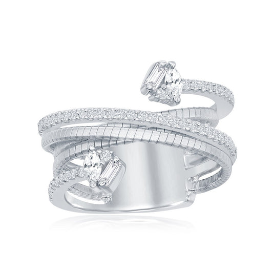 Sterling Silver Designer Ring, Set with CZ, Bonded with Platinium, MADE IN ITALY