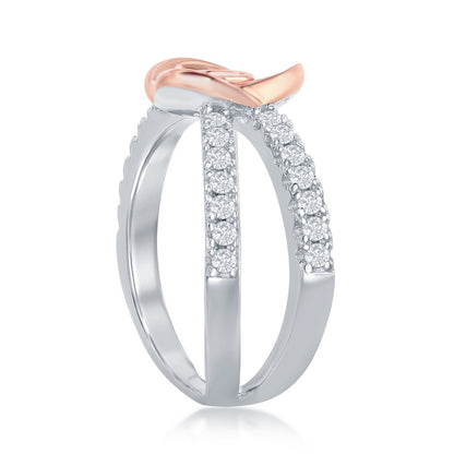 Sterling Silver Rose Gold Plated Flower Micro Pave Open Band Ring