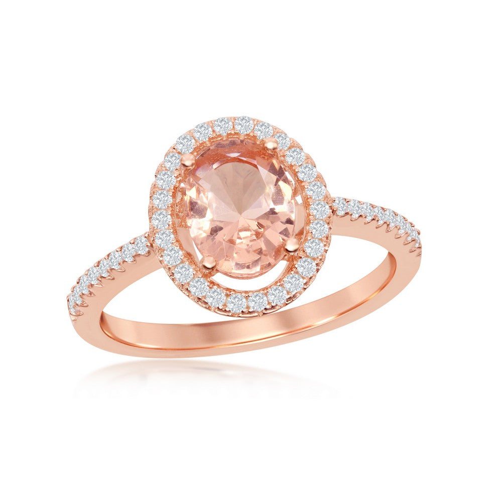 Sterling Silver Oval Morganite CZ with White CZ Border Ring - Rose Gold Plated