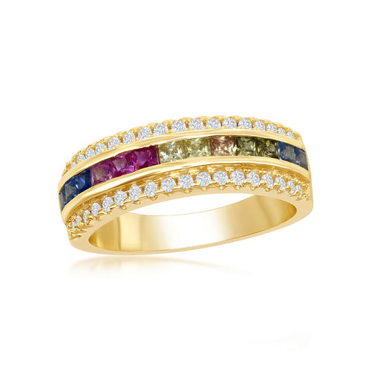 Sterling Silver Half Center Channel Set Rainbow CZ with White CZ Border Ring - Gold Plated