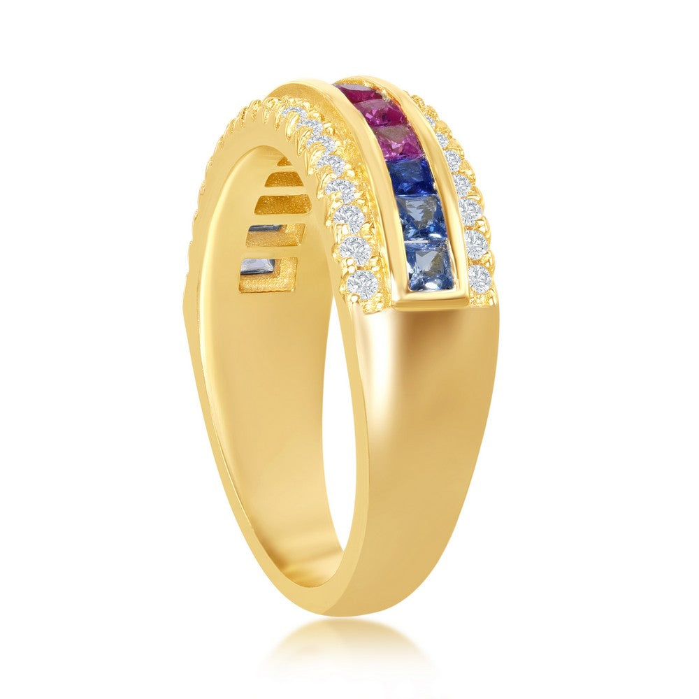 Sterling Silver Half Center Channel Set Rainbow CZ with White CZ Border Ring - Gold Plated