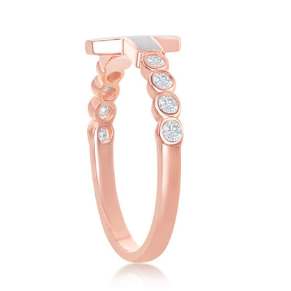 Sterling Silver White Inlay Opal Sideways Cross Half CZ Band Ring - Rose Gold Plated