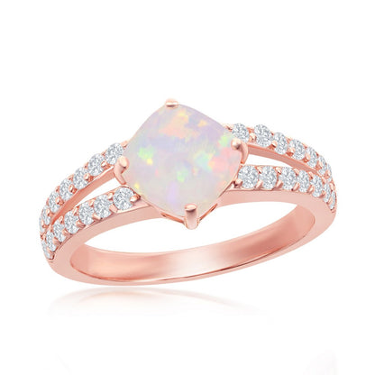 Sterling Silver Diamond-Shaped Opal CZ Open Band Ring - Rose Gold Plated