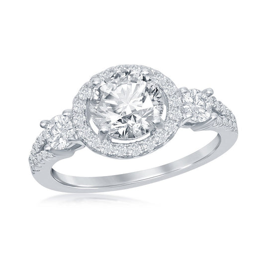 Sterling Silver Round CZ Halo with Side Stones Open Band Engagement Ring