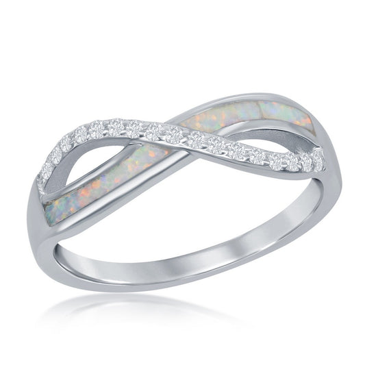 Sterling Silver CZ and White Inlay Opal Infinity Ring