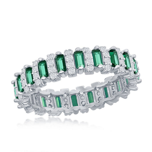 Sterling Silver Round & Baguette Eternity Ring - Emerald CZ