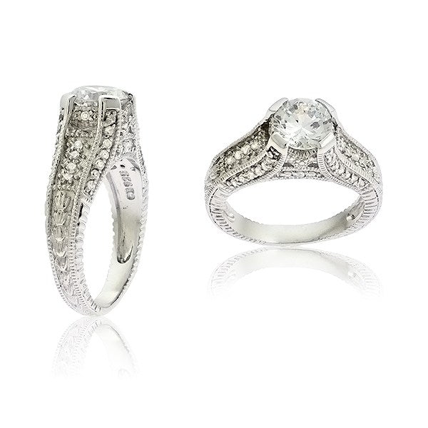 Sterling Silver Center Clear Circle CZ w/ Small Surrounding CZ Engagement Ring