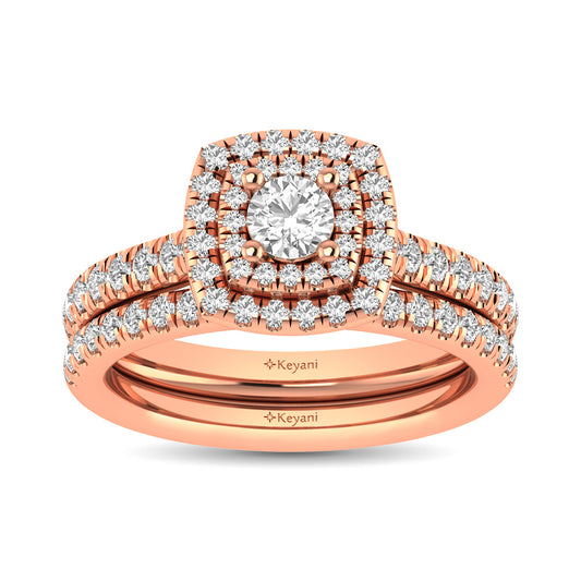 Diamond Classic Shank Double Halo Bridal Ring 1 ct tw Round Cut in 14K Rose Gold