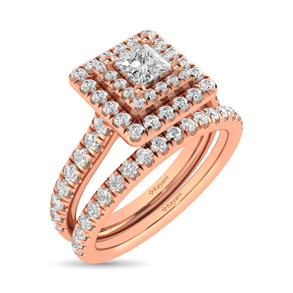 Diamond Classic Shank Double Halo Bridal Ring 1 ct tw Princess Cut in 14K Rose Gold