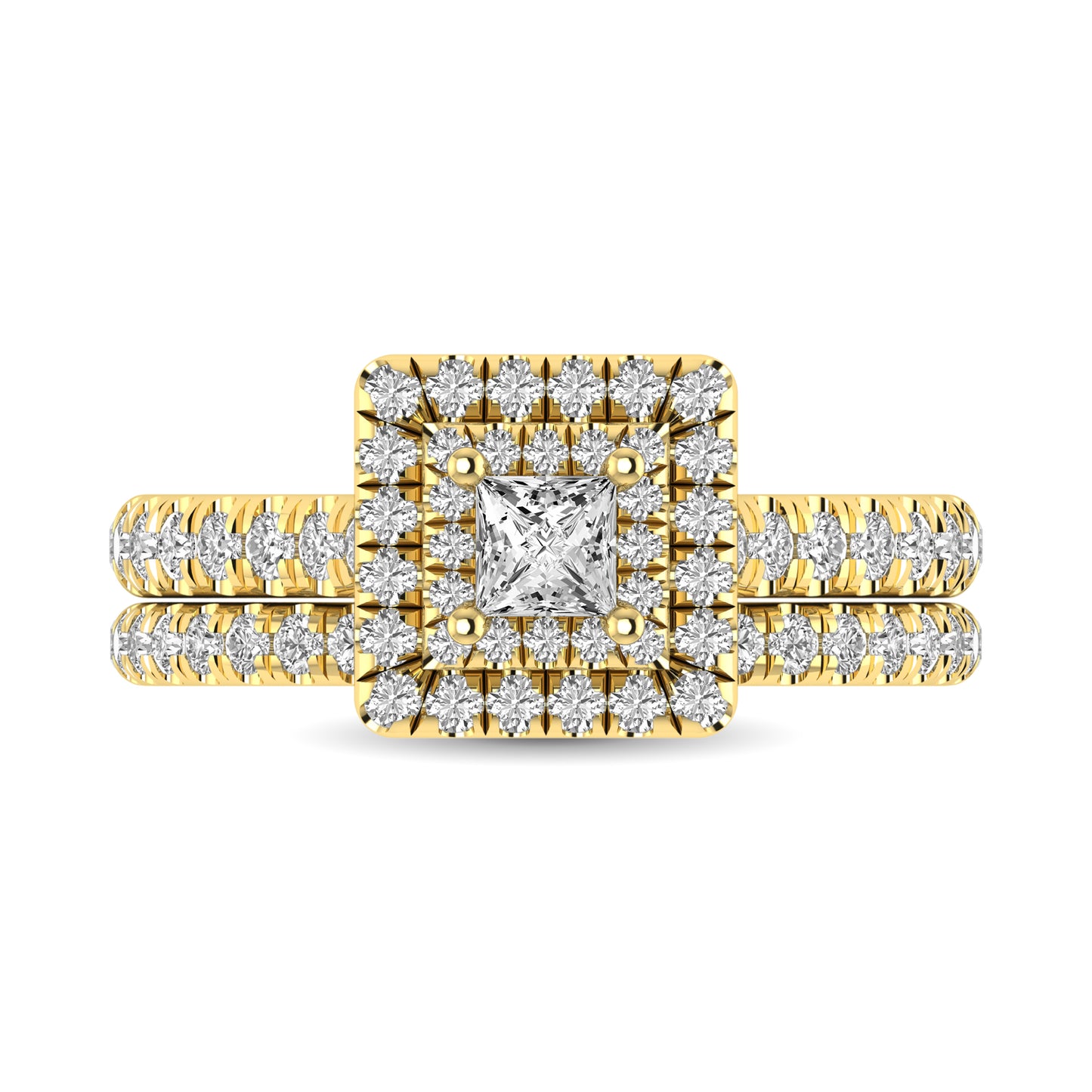 Diamond Classic Shank Double Halo Bridal Ring 1 ct tw Princess Cut in 14K Yellow Gold