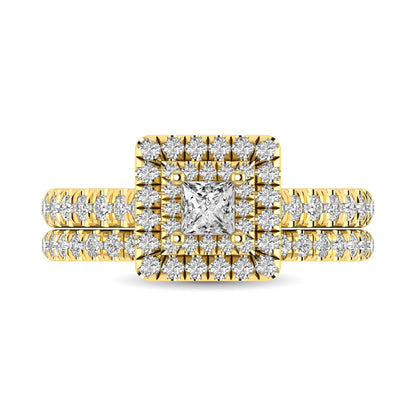 Diamond Classic Shank Double Halo Bridal Ring 1 ct tw Princess Cut in 14K Yellow Gold
