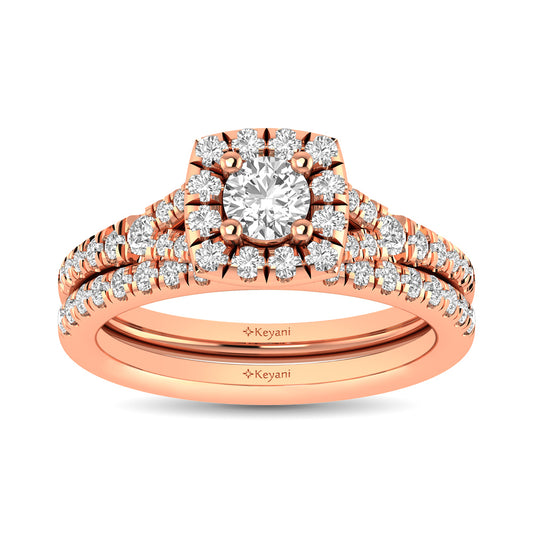 Diamond  Split Shank Single Halo Bridal Ring 1 ct tw Round Cut in 14K Rose Gold
