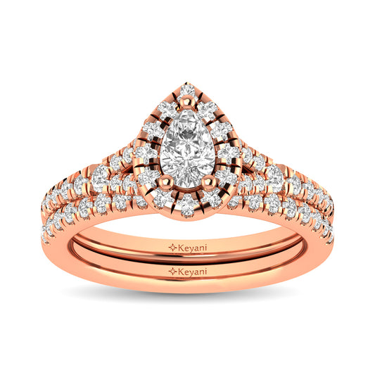 Diamond  Split Shank Single Halo Bridal Ring 1 ct tw Pear Cut in 14K Rose Gold