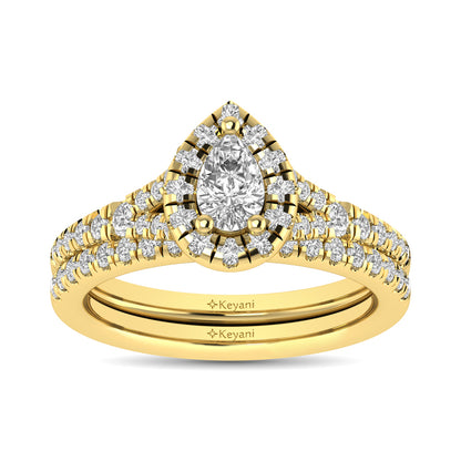 Diamond  Split Shank Single Halo Bridal Ring 1 ct tw Pear Cut in 14K Yellow Gold