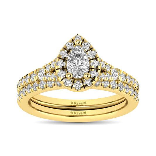 Diamond  Split Shank Single Halo Bridal Ring 1 ct tw Pear Cut in 14K Yellow Gold
