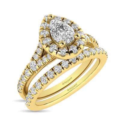 Diamond  Split Shank Single Halo Bridal Ring 1 ct tw Pear Cut in 14K Yellow Gold