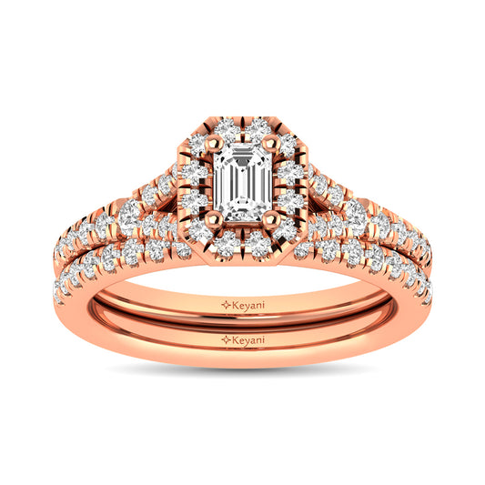 Diamond  Split Shank Single Halo Bridal Ring 1 ct tw Emerald Cut in 14K Rose Gold