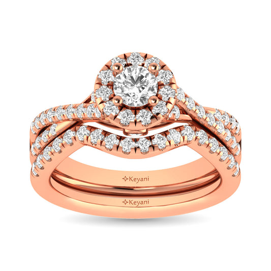 Diamond  Twist Shank Single Halo Bridal Ring 1 ct tw Round Cut in 14K Rose Gold