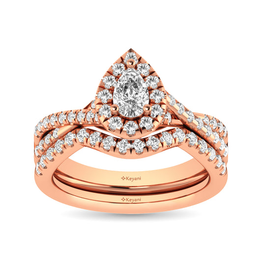 Diamond  Twist Shank Single Halo Bridal Ring 1 ct tw Pear Cut in 14K Rose Gold