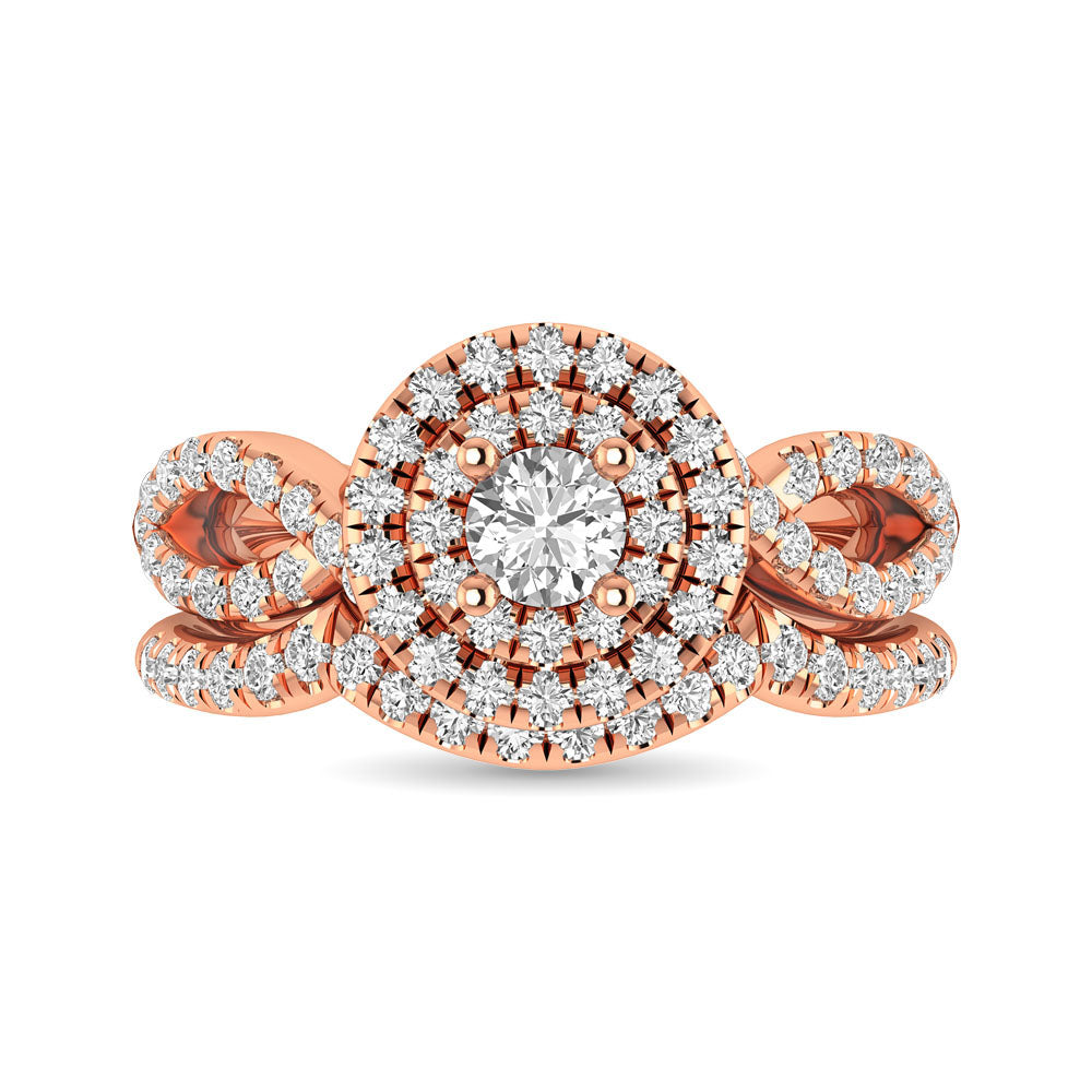 Diamond  Twist Shank Double Halo Bridal Ring 3/4 ct tw Round Cut in 14K Rose Gold