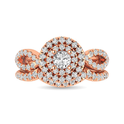 Diamond  Twist Shank Double Halo Bridal Ring 3/4 ct tw Round Cut in 14K Rose Gold