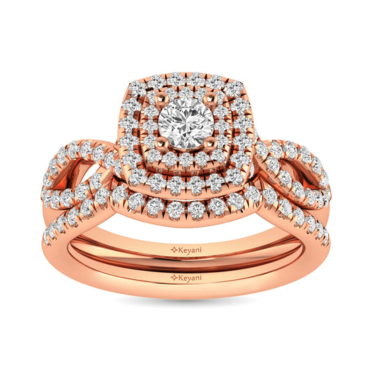 Diamond  Twist Shank Double Halo Bridal Ring 1 ct tw Round Cut in 14K Rose Gold