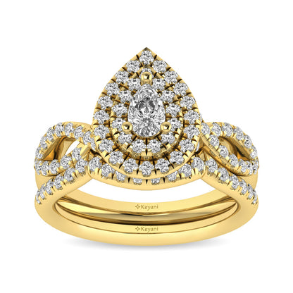 Diamond  Twist Shank Double Halo Bridal Ring 1 ct tw Pear Cut in 14K Yellow Gold