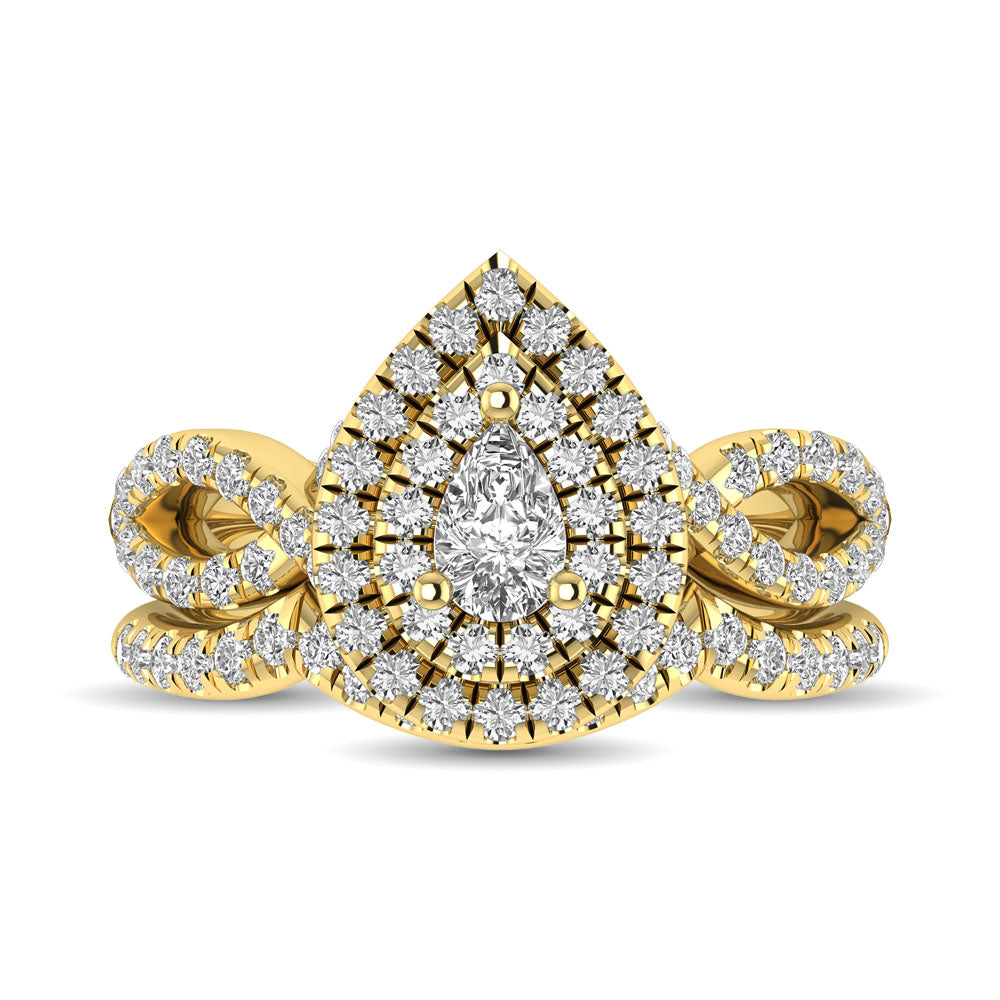 Diamond  Twist Shank Double Halo Bridal Ring 1 ct tw Pear Cut in 14K Yellow Gold